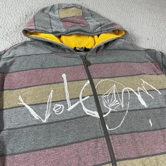 Vintage Y2K Volcom Striped Spellout Zip Up Hoodie Large Thermal Hood Sweatshirt - Picture 2 of 4